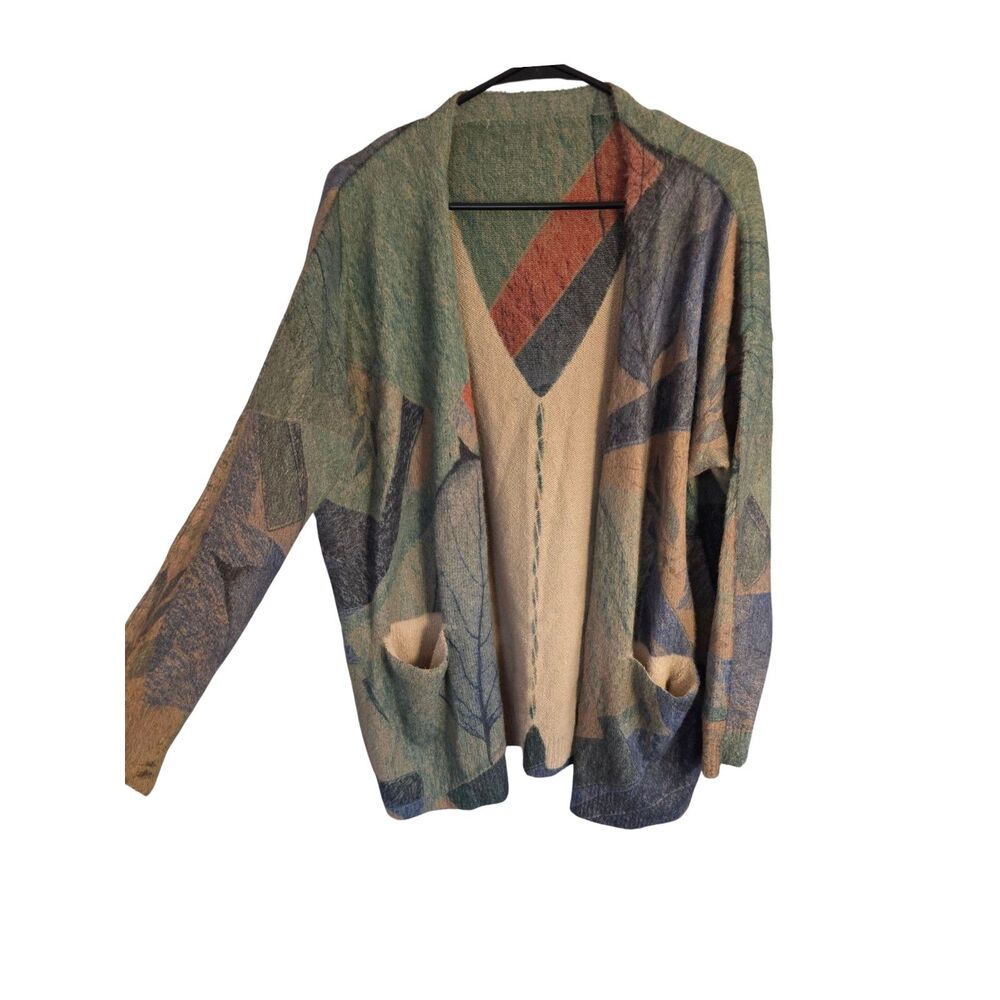 YESNO Cotton Wool Blend Abstract Leaf Graphic Open Front Cardigan Pockets